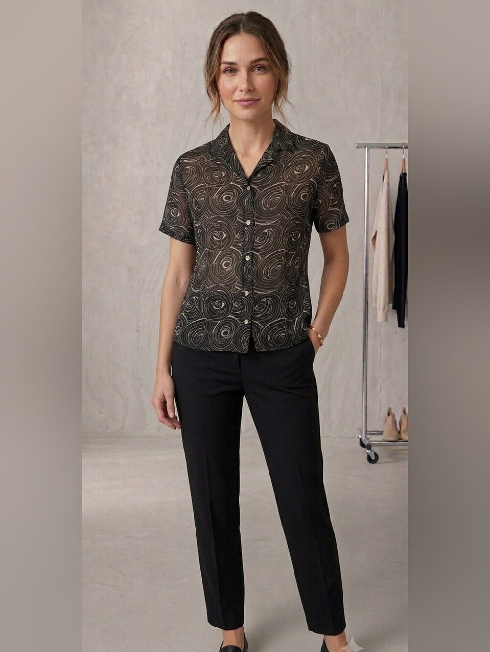 Black Swirl Print Short-Sleeve Blouse